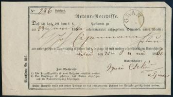 1860 Retour recepisse 10kr bélyeggel "GRAN"