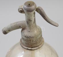 6 darab klf antik feliratos szódásüveg, közte sérüléssel, m: 21-31 cm, rákoshegyi, edelényi, szegedi...