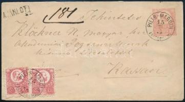 1874 5kr díjjegyes boríték 2 x Réznyomat 5kr kiegészítéssel "PILIS-MARÓTH / ESZTERG. M." - Kassa