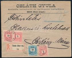 1896 Ajánlott levél Színesszámú 10kr és Feketeszámú 3 x 5kr bérmentesítéssel "SZOB / HONT VM." - Párkány