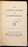 J[ean]-J[acques] Rousseau: Les confessions. [Vallomások.] Oeuvres Complettes de J. J. Rousseau. Citoyen de Géneve, Confessions. Tome Premier. Deux-Ponts, 1782, Sanson et Compagnie, 231 p. Francia nyelven. Korabeli kartonált papírkötés, sérült gerinccel, kopott borítóval, névbélyegzéssel. ex libris-szel: "La Comtesse de Leslye née Waldstein."