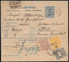 1890 Kétnyelvű szállítólevél 1kr, 8kr és 24kr bélyegekkel "POZSONY / KOCSIPOSTA FELADÁS"