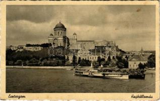 1942 Esztergom, Bazilika a Duna felől, Hajóállomás, gőzhajó (fa)