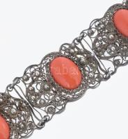 Ezüst (Ag) karkötő, korall berakással jelzett 22 cm 29,5 g