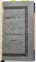 [Takács] Takáts Éva: Takáts Éva munkái I-II. köt. I. köt.: Gondolatok a' nap alatt. - - ' munkái, némelly a' reá kijött feleletekkel eggyütt. Hozzákötve: Feleletek a Szent Gellért hegye mellől. Írta: - -. II. köt.: Eredeti elbeszéllések. Buda, 1829-1828.,Magyar Kir. Univ. - Landerer Anna, 2+X+120+64+137 p. Egyetlen kiadások. Átkötött modern félműbőr-kötés, bekötött eredeti papírborítókkal, a II. kötet címlapja szakadt.    Takács Éva (1780-1845) írónő, Karacs Ferenc rézmetsző neje. Apja és nagyapja is művelt református lelkészek voltak, akik fordítással és versírással is foglalkoztak, így a családjában a széleskörű műveltséggel rendelkezett. 1802-ben kötött házasságot Karacs Ferenc rézmetszővel. Pesten álló házuk, az ún. ,,Karacs-Tusculanum", találkozóhelyül szolgált a korabeli értelmiségi és művészvilág számára. A család barátai között tudhatta Kántornét, Laborfalvi Rózát, Virág Benedeket, Fáy Andrást és Kisfaludy Károlyt is. Barátai bíztatására Takács Éva gondolatait egyhamar a nagyközönséggel is megosztotta. A Tudományos Gyűjtemény szerkesztője, Prepeliczay Samu felkérte, hogy Sebestyén Gábor színdarabjáról kritikát írjon, melyben a mások által is gyengének tartott darabot fércműnek titulálta. A szerző a nőket ostobának és erkölcstelennek állította be, ezt Éva visszautasította. Kritikájának nagy visszhangja lett, melyet egy öt évig tartó vita követett. Takács Éva az elsők között hirdette a női és a férfi intellektus egyenértékűségét. Összesen három munkája jelent meg nyomtatásban, kolligátumunk mindhármat tartalmazza.