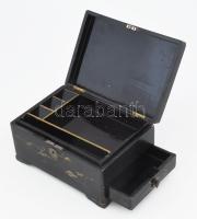 Antik kínai lakkozott ékszeres doboz, kivehető tálcával és kihúzható fiókkal, kulcs nélkül, kopással...