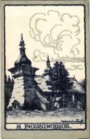 Felvidékről, fatemplom / wooden church in Slovakia, Hungarian irredenta propaganda, artist signed (non PC) (EK)