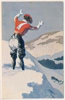 Winter sport art postcard, sledding, humour. Serie 574. 6 Dessins. s: O. Merté (r)