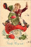 1942 Vesely Novy rok / New Year greeting art postcard with mushroom, champagne and clovers (fl)