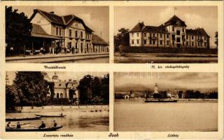 1936 Szob, Vasútállomás, M. kir. Révkapitányság, Lazarista rendház, evezős csónakok, látkép. Kettner Ferencné kiadása (EK)