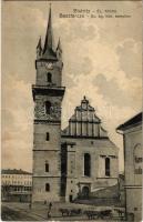 1918 Beszterce, Bistritz, Bistrita; Ev. Kirche / Evangélikus templom, Központi szálloda. F. Stolzenberg kiadása / Lutheran church, hotel (EK)