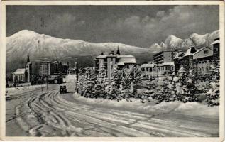 Újtátrafüred, Neu-Schmecks, Novy Smokovec (Magas-Tátra, Vysoké Tatry); télen, villamos, automobil / in winter, tram, automobile