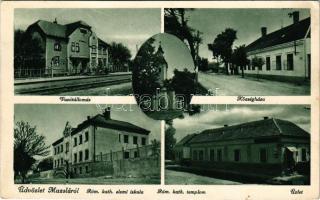 1941 Muzsla, Muzla; vasútállomás, községháza, római katolikus templom és elemi iskola, üzlet / railway station, town hall, church and school, shop (EK)