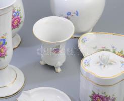Hollóházi Hajnalka mintás porcelán gyűjtemény: 5 db váza 24 cm-ig, tál, bonbonnier, hamutál, összese...