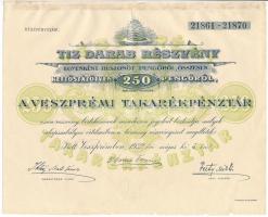 Veszprém 1932. "A Veszprémi Takarékpénztár Részvénytársaság" 10db részvénye egyben, összesen 250P-ről, szárazpecséttel, szelvényekkel T:XF