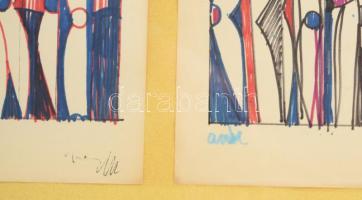 Aczél Ilona (1929-2000), 2 db mű egy keretben: Buli van. Filctoll, papír, jelzett. Üvegezett fakeret...