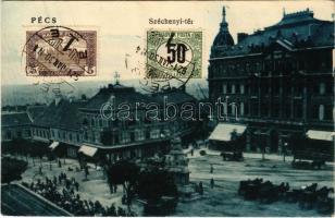 1921 Pécs, Széchenyi tér, piac, Takarékpénztár, üzletek. Nagy és Vörösvatzky kiadása (EK)