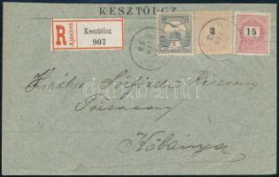 1900 Ajánlott levél Feketeszámú 2kr és 15kr + Turul 1f vegyes bérmentesítéssel "KESZTÖLCZ" - Kőbánya