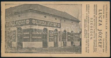 cca 1910 Szeged, Lucza József Géperőre Berendezett Vegytisztító Kelmefestő és Ágytoll-tisztító Ipartelepének számolócédulája, rajta üzlet képével, kis szakadással