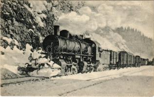 MÁV 651. sor. (VI. m. oszt.) Mallet mozdonya vonat előtt télen. Építette a MÁV gépgyár Budapest 1912. Gőzmozdony Szaklap kiadása / Hungarian State Railways locomotive in winter, train (EB)