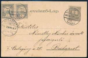 1900 Képeslap Feketeszámú 1kr és 2 x Turul 1f vegyes bérmentesítéssel "ESZTERGOM" - Budapest