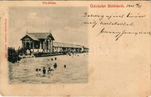 1901 Siófok, Fürdőház, fürdőzők. Wlaszlovits Gusztáv kiadása (lyuk / pinhole)