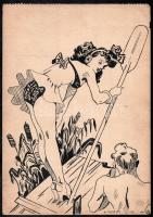 Lábady Gy. v. L. Gy. jelzéssel, 2 db mű: Erotikus jelenet, 1948. Tus, papír, hajtásnyommal. 29x20,5 ...