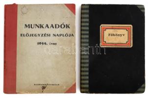 1944 Munkaadók előjegyzési naplója az 1944. évre. Szerk.: Volenszky Béla. Kiadói félvászon-kötés, kissé viseltes, sérült, foltos borítóval, néhány bejegyzéssel. + 1952-1954 Főkönyv, bevételi-kiadási jegyzék, 140 oldalnyi kézzel írt bejegyzéssel