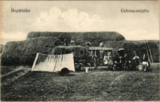 Bogártelke, Bagara (Kolozs, Cluj); gabonacséplés gőzgéppel, erdélyi folklór. Hangya szövetkezet kiadása / Transylvanian folklore, treshing