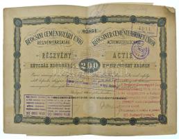 1906. Budapest "Beocsini Cementgyári Unió Részvénytársaság" részvénye 200K-ról, magyar és ...