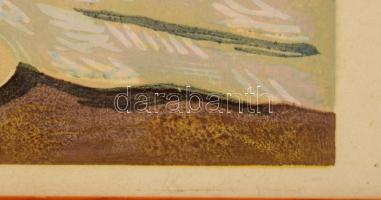 Károlyi Ernő (1923-2016): Csendélet. Linómetszet, papír, jelzett. 24,5×34,5 cm. Üvegezett fakeretben