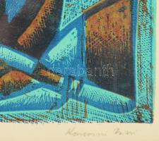 Konecsni Zsizsi (1911-2000): Ölelkező formák (cím nélkül). Linómetszet, papír. Jelzett. Üvegezett fa...