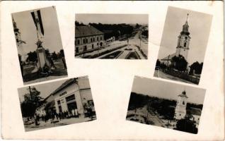 1941 Margitta, Marghita; utcaképek, templomok, országzászló, Hangya szövetkezet üzlete és saját kiadása. Sass Béla felvétele / street, churches, cooperative shop, Hungarian flag (fl)