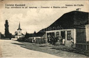 Kackó, Catcau; Református templom, Fogyasztási szövetkezet üzlete / Consumul si Biserica reform / Calvinist church, cooperative shop (EK)