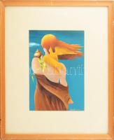 Németh Nelli (-): Madaras nő. Vegyes technika, papír, jelzett, hátoldalán Képcsarnok Vállalat címkéjével. Üvegezett fakeretben. 30x21 cm