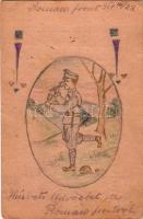 1917 Húsvéti üdvözlet a román frontról. Kézzel rajzolt tábori postai levelezőlap / WWI K.u.k. military field post, hand-drawn Easter greeting s: Kaszay Pál (EK)