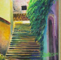 Szekeres József (1944-): Szentendrei részlet. Olaj, farost. Jelezve jobbra lent. 45x27 cm. Fakeretbe...