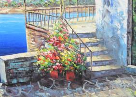 Olvashatatlan jelzéssel: Mediterrán részlet. Olaj, vászon, kartonon. 62x92 cm. Dekoratív fakeretben....