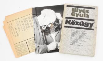 Illyés Gyula: Közügy. Versek. Bp.,1981,Szépirodalmi. Kiadói egészvászon-kötés, kiadói papír védőborítóban. + Illyés Gyula dedikálás közben, fotó, 18x13 cm + 1982 [Veszprémi] Napló 1982 okt. 30. Tüskés Tibor: Illyés Gyula köszöntése újságcikk, benne a fotó reprodukciójával.