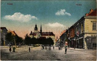 Kassa, Kosice; Fő utca, székesegyház, üzletek. Vasúti levelezőlapárusítás 186. sz. 1918. / main street, cathedral, shops (EK)