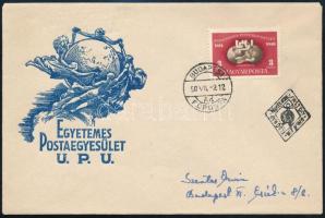 1950 UPU blokkból kitépett bélyeg Budapest helyi FDC-n