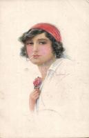 Italian art postcard, lady with cigarette 'Erkal No. 303/6' s: Usabal, Olasz művészlap, dohányzó nő 'Erkal No. 303/6' s: Usabal