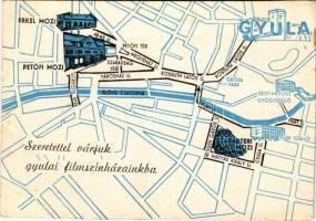 Gyula, Szeretettel várjuk gyulai filmszínházainkba: Erkel mozi, Petőfi mozi, Szabadtéri mozi. Hátoldalon a mozik műsora 1975. január 28-tól február 10-ig - modern (EB)