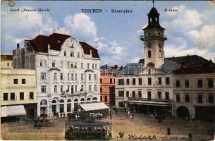 1915 Cieszyn, Teschen; Demelplatz, Rathaus, Hotel Brauner Hirsch / square, town hall, hotel, tram, market (fa)