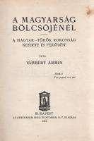 Vámbéry Ármin:  A magyarság bölcsőjénél. A magyar-török fajrokonság kezdete és fejlődése. Budapest, 1914. Athenaeum Irodalmi és Nyomdai Rt. 223 + [1] p. Első kiadás. Vámbéry Ármin (1832-1913) orientalista, turkológus, egyetemi tanár, tanszékalapító posztumusz kötete, egyben legutolsó álláspontja a magyar nyelvtörténetet és őstörténetet megrázó ugor-török háború kérdésében. Az ugor-török háború a keleti tanszéket alapító Vámbéry 1869/1870. évi vitairatától kezdődik, és tétje a magyar nép és nyelv eredetének korántsem tét nélküli meghatározása volt. Vámbéry a kérdésben azt az álláspontot képviselte, hogy az ugor nyelvek és a törökségi nyelvek közeli rokonságban állnak, erre pedig grammatikai és szókészlet-béli bizonyítékokat hozott. A finnugor elméletet képviselő Budenz József és Hunfalvy Pál a tudományos alaposságot kérte számon Vámbéry Árminon, illetve kritizálta Vámbéry azon elméletét, mely szerint a magyar nyelv és nép ugor-török keverék lenne. Az ugor-török háború évtizedeken keresztül zajlott, személyeskedésektől sem volt mentes, Vámbéry Ármin pedig soha nem adta fel törökségi álláspontját, melynek legvégső kifejtése posztumusz kiadott könyvében található. Kötete a törökségi származás fenntartásával magyarázattal szolgál a hun-magyar rokonságra is, ekképp pedig hozzájárult László Gyula régész későbbi kettős honfoglalás-elméletéhez is. A címlapon apró foltosság. Az eredeti illusztrált fedőborító felhasználásával készült korabeli, enyhén foltos kiadói félvászon kötésben.