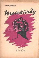 Garai István:  Mesekirály. Versek. + Publikálatlan verskéziratok. [A kötetbe helyezve.] Békéscsaba, 1948. (A szerző kiadása - Petőfi-nyomda). 77 + [3] p. Egyetlen kiadás. Garai István (1915-2008) költő, pedagógus. A felvidéki származású pedagógus az országbővítés éveiben Dunaszerdahelyen, Ipolyságon, majd a Bácskában tanított latint, Bács-Petrőcön jelent meg négy verseskötete (valamennyi 1944-ben). A második világháború után Békéscsabán tanított, itt is sorban jelentek meg kötetei, egészen 1948. évi Mesekirály című kötetéig, amelyet betiltottak, szerzőjét beperelték és bebörtönözték, a szerző pedig egészen az 1970-es évekig nem publikálhatott. A hatóság haragját az váltotta ki, hogy a kötet néhány verse erősen felemeli a hangját az utódállamok magyarellenes etnikai tisztogatásai ellen, a csehszlovák kollektív jogfosztás ellen, illetve általánosságban is tematizálja a határon túl rekedt magyarság sorsát. Mindez a baráti szocialista országok elleni izgatásként hatott, a szerző pedig a 1948-1950 között a szegedi Csillagbörtönben tűnődhetett lázadó sorain. Kiszabadulása után Kőszegen, Esztergomban, majd Siófokon tanított. Kötetünkbe helyezett 8 gépelt oldalnyi verskézirata a költő Siófok-kaposvári korszakából származik, az 1962 tavaszán-nyarán kelt költemények némelyike témaválasztásuk miatt érhető módon nem kerülhetett nyomdába. A szerző az 1970-es évektől a nemzetközi neolatin költészet fontos alkotója volt, latin nyelvű költeményei folyamatosan jelentek meg latin nyelvű antológiákban. Fűzve, színes, illusztrált, enyhén elszíneződött kiadói borítóban. Jó példány. A kéziratlapok jó állapotban, hajtogatva.