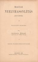 Szinnyei József:  Magyar nyelvhasonlítás. Jegyzetek. Hallgatói számára írta Szinnyei József. Budapest, 1903. Hornyánszky Viktor kiadása és nyomdája. X + [2] + 128 p. Szinnyei József (1857-1943) nyelvész, finnugrista, egyetemi tanár, az MTA tagja. Budenz József tanítványaként és finn nyelvészként az ugor-török háborúban a finnugor álláspont erős képviselője. Egyetemi hallgatók számára összeállított összehasonlító nyelvtörténeti kézikönyve a történeti hangtan és alaktan (ragozás, szóképzés), valamint az alapszókincs szintjén bizonyítja be a magyar és az ugor nyelvek közösségét, valamint a távolabbi rokonokkal (finnekkel, észtekkel, mordvinokkal) való rokonságot. A kötet a bevezetésben egy nagyobb, a japánt és a törökségi nyelveket is magában foglaló ural-altaji rendszerbe sorolja ugyan a magyar nyelvet, e nagyobb, globális keretnek viszont valódi jelentősége nincs - a kötet a nyelvhasonlítást a valóban közeli rokonnak számító ugor és finnségi nyelvek nyelvi rendszere és szókészlete alapján végzi. A munka első kiadása 1896-ban jelent meg, példányunk a második, átdolgozott kiadásból származik. Az első előzéken régi tulajdonosi bejegyzés, a címlap verzóján régi gyűjteményi bélyegzés. (Finnugor kézikönyvek. III. kötet.) Korabeli félvászon kötésben, márványmintás festésű lapszélekkel. Jó példány.