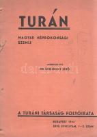 [Folyóirat] Turán. Magyar néprokonsági szemle. A Turáni Társaság folyóirata. XXVII. évfolyam, 1-2. és 3. szám. [Teljes évfolyam, két füzetben.] Budapest, 1944. (,,Élet" Irodalmi és Nyomda Rt.) 32 p.; 43-56 p. A Turán az 1910-ben alapított Turáni Társaság folyóirata. A korabeli turanizmus igen heterogén törekvéseket takar, ám elmondható, hogy alapvetően a germán, újlatin, szláv birodalmak korában a rokontalanul maradt népek kapcsolatait kereste a turáni (urál-altáji) nyelvészeti és kulturális rokonság jelszava mentén. Jóllehet a folyóirat egyes tanulmányai olykor a japán-magyar, török-magyar kulturális rokonság feltételezéséig is merészkedtek, a folyóirat profilja mégis elsősorban finnugrisztikai - a nyelvészeti szempontból rokonnak tartott kisebb finnugor népek, nemzetek, országok aktuális híreiről, kulturális eredményeiről és politikai törekvéseiről nyújt beszámolót. A Turán folyóirat érdeklődése ennek megfelelően elsősorban nem őstörténeti jellegű, sokkal inkább a bemutatott finnugor és törökségi népek néprajzi és kulturális kapcsolódásait kutatja és erősíti meg, illetve a kulturális rokonság folyamatos deklarálásával egy időben geopolitikai és gazdasági szövetségeseket is keres. A turanizmus tehát nem pusztán őstörténeti, néprajzi és kultúrelméleti célokat jelentett, hanem diplomáciai stratégiákat és gazdasági célokat is kijelölt: nem véletlen, hogy a Társaság székhelye az Országházban volt található. Évfolyamunk a Turán folyóirat utolsó évfolyama: az 1913-ban indult periodika az 1944. évi 3. lapszámmal megszűnt, szerkesztősége szétszéledt, turáni szemlélete folytathatatlannak, finnugor szemlélete pedig a Szovjetunió ügyeibe való beavatkozásnak minősült volna 1945 után. A tartalomból: Cholnoky Jenő: Üdvözlet a dicső török nemzethez - Steinwalter Károly: Merre állott Attila palotája? - Faragó József: Valamo, Finnország szent szigete. A háborús évben turáni témájú kritikai rovatnak nem maradt hely, helyére a magyar nemzeti katonaeszményt szolgáló mű megírására felhívó pályázat került, a társasági hírek rövidek. Az évfolyam harmadik füzete ritka, terjedelméből Cholnoky Jenő ,,A kínai és az európai műveltség érintkezése" címmel írt tanulmánya hiányzik, fűzése pedig meggyengült. Egységes, fűzött, enyhén elszíneződött, sérült kiadói borítóban. Az összevont lapszám első fedőborítóján kézi számítás.