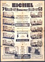 [Plakát] Az Eichel bútorkereskedés képes hirdetési plakátja. (1935 körül). Budapest, [1935 körül.] Tolnai ny. Mindkét oldalán nyomtatott levél, mérete: 598x435 mm. Az Eichel Miksa és Fiai vállalat a fővárosi cégjegyzék szerint 1913-ban még női és férfi divatáru-kereskedelemmel foglalkozott, profilja az 1920-as években változott meg, ekkortól váltak bútorkereskedőkké. Az 1930-as években ,,Boldog otthon" jelszóval egészítette ki cégjelzését és adta közre képes árjegyzékeit, illetve falragaszként is használatos plakátjait. Plakátunk mindkét oldalán 12 bútor-összeállítás, hálószoba-, ebédlő- és konyhai garnitúrák illusztrációival. Évszám feltüntetése nélkül készült plakátunk kiadási évének meghatározásához az egyes bútorkollekciók árait vettük figyelembe, illetve tekintetbe vettük azt is, hogy az Eichel cég 1937-től - a tulajdonos család névmagyarosítása után - Emőd bútorkereskedés néven forgalmazta termékeit. Az előoldalon apró gyermekrajz, a hajtások mentén apró szakadásnyomokkal. Enyhén elszíneződött lap, összességében jó állapotban.