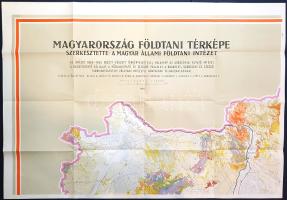 [Térkép.] Magyarország földtani térképe [1956]. Szerkesztette: a Magyar Állami Földtani Intézet, az 1869-1955 közötti felvételek alapján. Mértéke: 1:300,000.  Budapest, 1956. Magyar Állami Földrajzi Intézet - Offset-nyomda. Négy színes térképnyomat, méretük: 615x920 mm egy-egy 700x995 mm méretű térképlapon, a dél-alföldi térképszelvény mérete: 605x910 mm egy 680x970 mm méretű térképlapon. A mintegy száz év geológiai felméréseinek adatait közzé tevő, látványos földtani térkép különböző bányaipari vállalatok és egyetemi intézetek további adatközlése nyomán készült. Az értelemszerűen a mai Magyarországot ábrázoló földtani térkép teljes mérete: 1230x1840 mm. A színkódolt, kőzettani-földtörténeti részleteken kívül a térkép piktogramokkal jelöli a jelentősebb ásványi nyersanyaglelőhelyeket (kőolaj, éghető és nem éghető földgáz, kőszén, vasérc, mangánérc, bauxit, gipsz), és feltünteti a jelentősebb mélyfúrások helyszíneit is, a fúrás mélységének jelölésével. A földtani részleteken túl a jelentősebb folyók és vasútvonalak, települések szintén feltüntetve. A térkép alatt régi tulajdonosi bejegyzés. Az északkeleti és délkeleti térképszelvények szélein apró szakadásnyomok, apró gyűrődések. Poss.: Hörömpő János (dr. Hörömpő János (1911-1996) térképész, a Honvéd Térképészeti Intézet, a háború után a szolnoki földhivatal dolgozója, a szovjet-magyar demarkációs vonal megrajzolója, topográfiai alosztályvezető, 1956 után a forradalomban való részvétele miatt a Kartográfiai Vállalat munkatársaként dolgozik, az 1960-as évektől a Magyar Állami Földtani Intézet tagja, az 1970-es évektől technikumi, majd egyetemi oktató.) Jó állapotú térképlapok, hajtogatva.